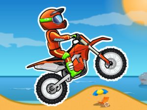 Screenshot of Moto X3M bike racing stunt level with ramps and obstacles.