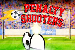 Penalty Shooters 2 soccer penalty kick screenshot with goalkeeper dive.